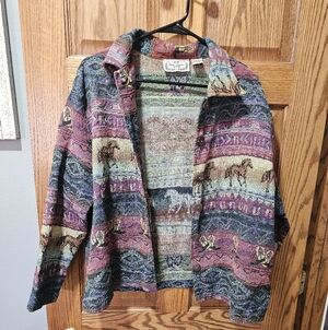 Sara Studio Wild Horses Mountains Tapestry Jacket Button Womens Sz 2X Southwest